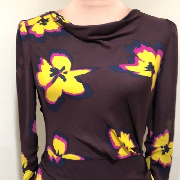 A.L.C Grace Dress Size 4 Dark Brown Silk Floral Cowl Neck Ruched Mini - Picture 3 of 12